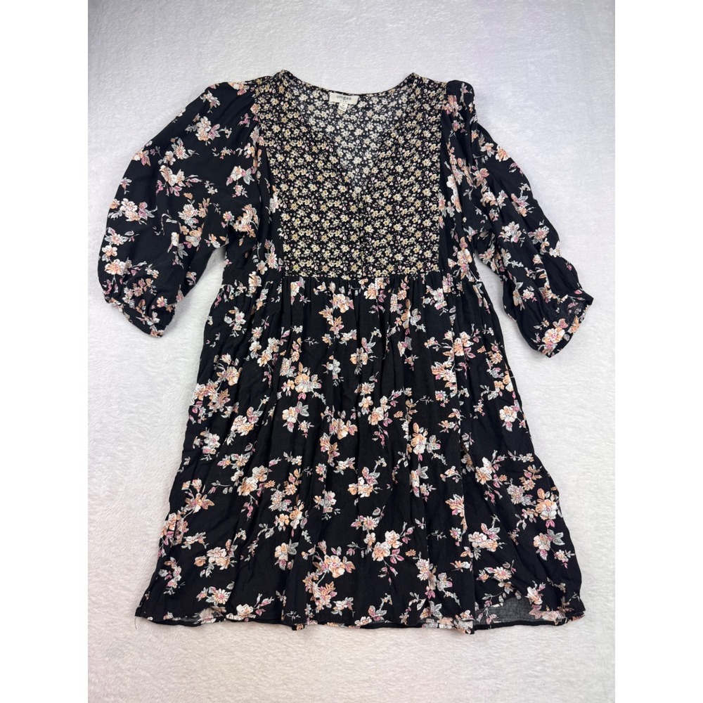 Umgee USA Floral Babydoll Dress Black Boho Mixed Print V-Neck M A2016